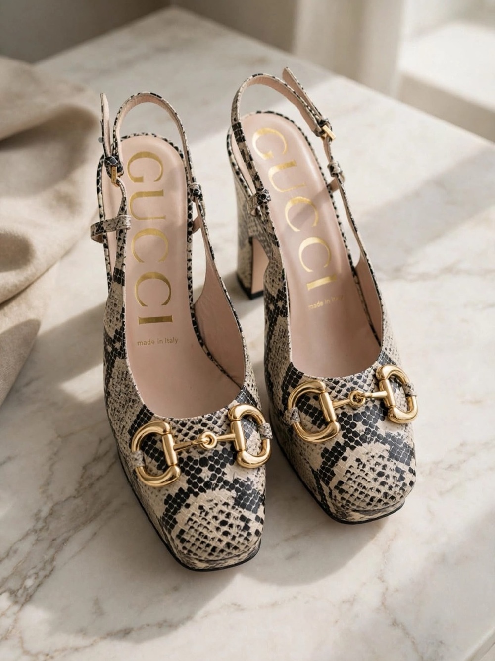 Gucci Python-Print Slingback Block Heels in Beige and Black with Gold Hardware